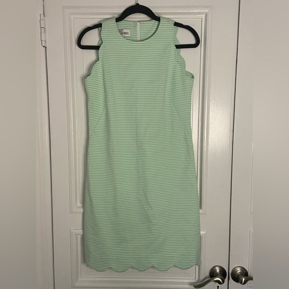 Sara Campbell Mint Green White Stripe Classic Scalloped Sleeveless Mini Dress XS